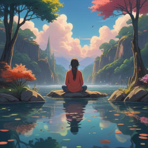A serene, ethereal landscape, soft glowing light, mystical symbols in the air, gentle flowing water, a person meditating, surrounded by nature, colorful auroras in the sky, harmonious energy, introspective atmosphere, 4k