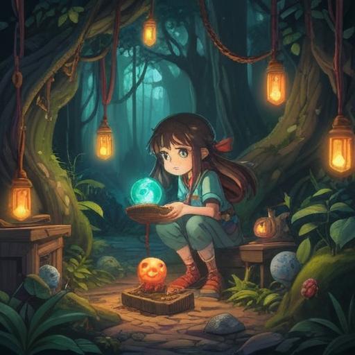 A whimsical illustration of a character searching for their purpose, surrounded by mystical lucky items, glowing amulets, ancient symbols, enchanting forest setting, dreamy atmosphere, soft light filtering through trees, vibrant colors, 4k