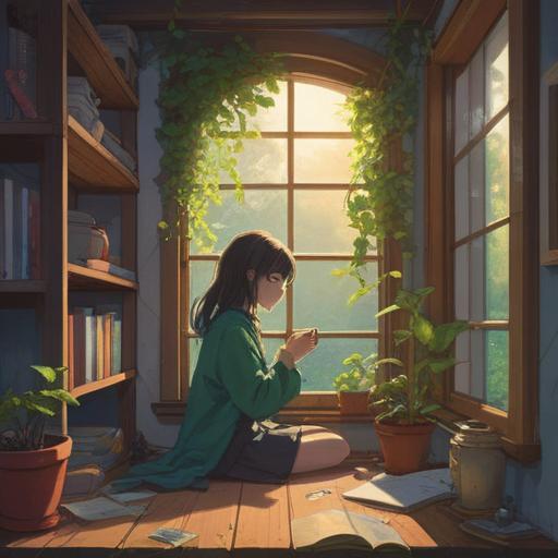 A serene morning scene, a person journaling with a cup of tea, sunlight filtering through a window, plants in the background, a cozy and inviting atmosphere, small routines depicted, peaceful and reflective mood, 4k