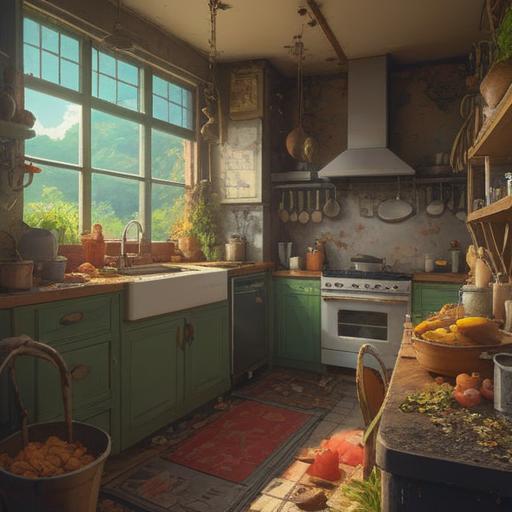 A mystical illustration of a kitchen filled with vibrant compost, ethereal light emanating from decomposing organic waste, churning energies symbolizing spiritual growth, nature's cycle of life, subtle glows illuminating the surrounding space, harmonious colors blending the earthly and the celestial, exploring themes of transformation and renewal, 4k