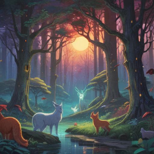 A serene and mystical scene depicting various animals gathering around a glowing aura, tranquil natural setting, ethereal light filtering through trees, vibrant colors, harmonious interaction between creatures, symbolizing spiritual connection and positive energy, intricate details in the flora and fauna, uplifting atmosphere, 4k