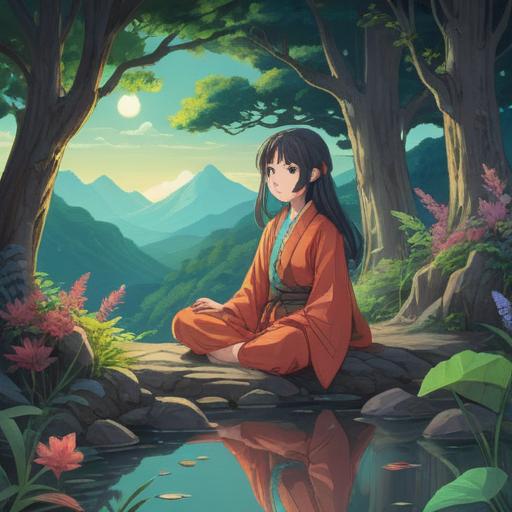 A serene illustration depicting the transition of a rushing life into a peaceful spiritual journey, vibrant colors, individuals engaging in meditation amidst nature, soft light filtering through trees, symbols of growth and enlightenment, flowing water representing time and change, harmonious atmosphere, 4k