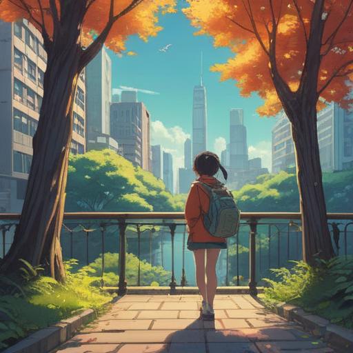 A serene moment of reflection, a person taking a deep breath amidst a bustling city, gentle sunlight filtering through trees, calming presence of nature, harmonious balance between chaos and tranquility, vivid colors, peaceful expression, 4k