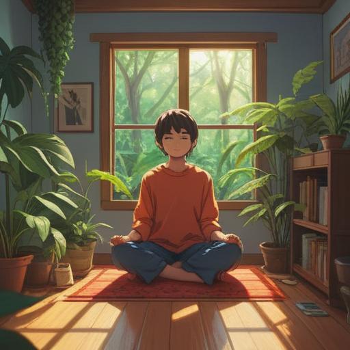 A peaceful morning routine scene, minimalistic interior, a person meditating in a sunlit room, surrounded by calming plants, soft textures, gentle colors, a steaming cup of tea on a table, a journal and pen nearby, serene atmosphere, focus on mindfulness, 4k