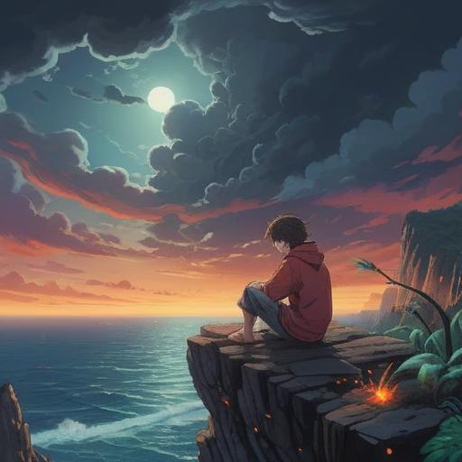 A serene illustration depicting the struggle of life, a figure sitting on a cliff overlooking a vast ocean, soft light breaking through dark clouds, symbolic imagery of hope and despair, ethereal atmosphere, subtle spirit guides hovering nearby, tranquil yet emotional, deep colors, 4k