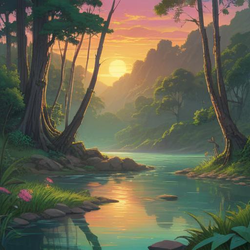 A serene landscape symbolizing spiritual growth, vibrant sunrise illuminating the horizon, gentle flowing river representing life’s journey, lush green trees reflecting resilience, soft clouds conveying hope, tranquil atmosphere fostering introspection, harmonious blend of nature, 4k
