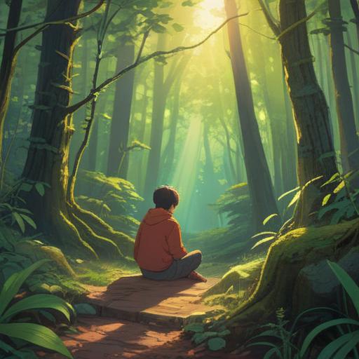 A contemplative scene depicting a person sitting alone in a serene forest, surrounded by gentle rays of sunlight filtering through the trees, symbolic animals quietly observing, ethereal glow surrounding the individual, a subtle aura of hope and guidance, reflective expression on the person's face, detailed foliage and soft earth tones, tranquil atmosphere, spiritual symbolism, 4k