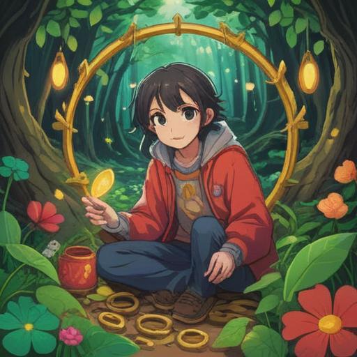 A serene illustration depicting a person finding hope, surrounded by lucky items like four-leaf clovers, horseshoes, and a wishbone, soft glowing light, tranquil atmosphere, nature background with blooming flowers, gentle breeze, uplifting feeling, 4k