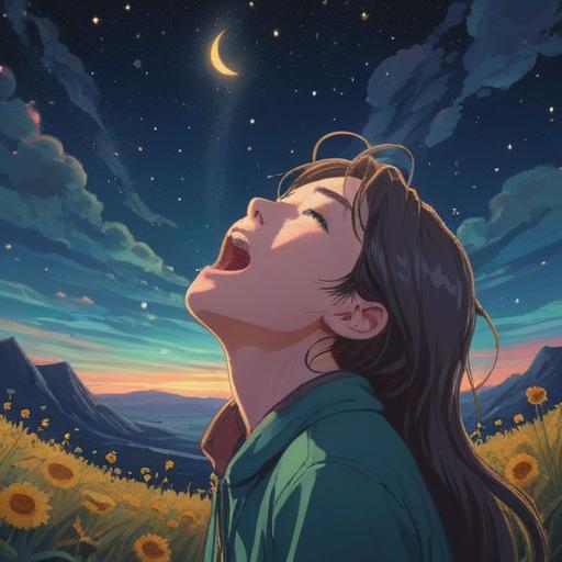 A serene and mystical scene, a person yawning gently under a starry night sky, ethereal glow surrounding them, symbolic representations of spirituality like glowing orbs and soft light beams, peaceful atmosphere, nature elements like trees and flowing water, conveying a sense of positivity and renewal, 4k