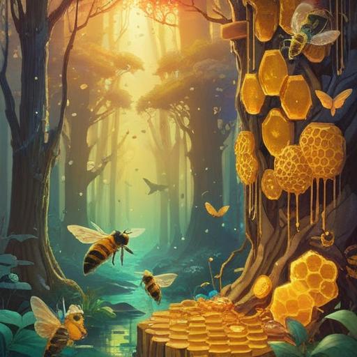A serene illustration of raw honey representing its spiritual meaning, golden hues, bees buzzing around a honeycomb, ethereal light shining through, a tranquil nature setting, symbols of abundance and healing, tranquil vibes, 4k