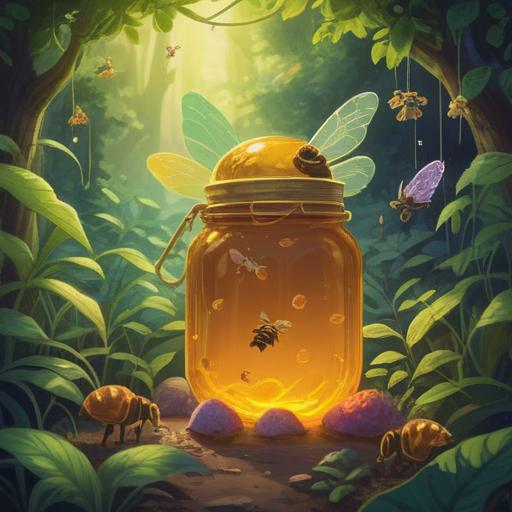 A serene illustration of a golden jar of raw honey, surrounded by ethereal light, bees gently buzzing around in a lush garden, vibrant flowers blooming, a soft glow symbolizing spiritual energy, a peaceful ambiance, nature's harmony, spiritual symbols subtly integrated, captivating details, 4k