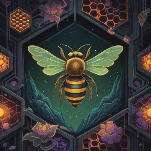 A mystical illustration depicting the spiritual signs related to raw honey, dark ominous tones, symbols of caution surrounding honeycombs, a bee in distress, ethereal light contrasting shadows, a sense of foreboding, intricate details in nature, 4k