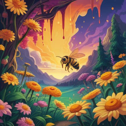 A serene illustration of a bee buzzing around vibrant flowers, golden honey dripping from a honeycomb, a peaceful landscape in the background, soft sunlight illuminating the scene, conveying the richness of life and nature's bounty, harmonious colors, emphasizing the beauty of natural sweetness, 4k