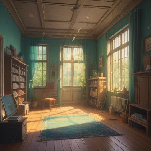 A serene and uplifting illustration of a tranquil room being cleaned, sunlight streaming through the windows, sparkling dust particles dancing in the air, a person joyfully organizing their surroundings, a sense of calm and clarity, subtle hints of harmony and balance, spiritual symbols subtly integrated into the decor, lush indoor plants thriving, representing positive energy and renewal, 4k