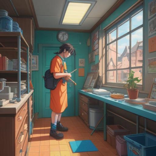 A serene workplace scene, a janitor reflecting on their duties, subtle spiritual signs in the environment, gentle light illuminating the workspace, symbolic elements like feathers or orbs, peaceful atmosphere promoting mindfulness, thoughtful attention to detail, 4k