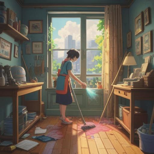A vibrant scene depicting a person energetically cleaning, colorful cleaning tools and supplies scattered around, sunlight streaming through windows, creating a warm and inviting atmosphere, symbolic elements representing good fortune, cheerful expressions, harmonious environment, 4k