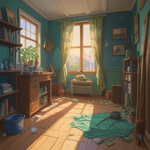 A serene and peaceful scene depicting the act of cleaning, bright sunlight filtering through a window, a person joyfully sweeping the floor, dust particles dancing in the light, a sense of tranquility and renewal, a clean and organized room, plants thriving in the background, symbols of luck and positivity, harmonious colors, 4k