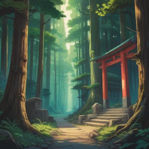 A serene and mystical illustration of Kiyokojin, lush green forest surroundings, spiritual energy emanating from the shrine, soft rays of light filtering through the trees, traditional Japanese architecture, incense smoke swirling, tranquil atmosphere, inviting sense of peace, vibrant nature, calming presence, 4k