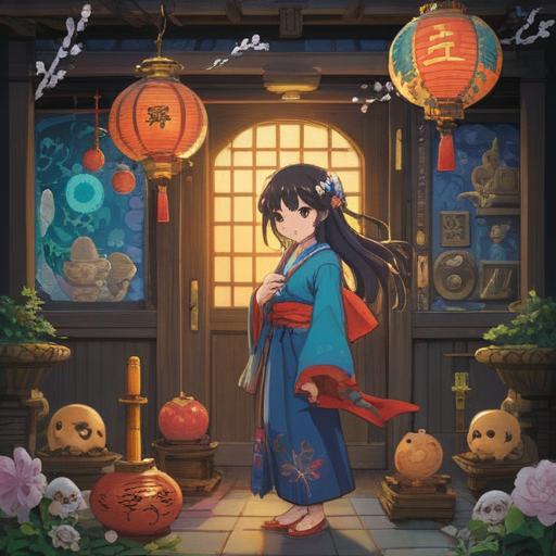 A vibrant illustration of lucky items inspired by Seikoujin's energy, showcasing traditional Japanese motifs, a colorful array of talismans and charms, mystical aura surrounding the objects, intricate patterns depicting good fortune, serene nature backdrop, harmonious balance of light and shadow, 4k