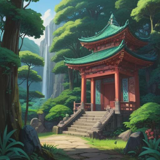 A serene and vibrant depiction of Seirakujin Shrine, lush greenery surrounding the sacred site, mystical azure energy flowing through the air, visitors meditating in tranquility, red torii gates leading to the shrine, peaceful atmosphere, harmonious interaction with nature, suggestive of spiritual awakening, 4k