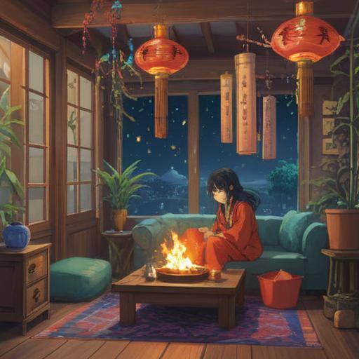 A serene illustration reflecting the spiritual meaning of catching a cold during New Year's, subtle symbols of renewal and reflection, cozy indoor setting with traditional New Year's decorations, gentle light filtering through paper sliding doors, a person wrapped in a warm blanket meditating, soft focus on the surrounding elements, a sense of tranquility and introspection, 4k