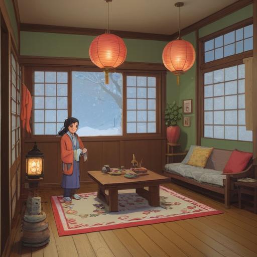 A serene winter scene depicting a traditional Japanese New Year celebration, subtle snowfall, a cozy family gathering in a tatami room, symbolic elements like mochi and lucky charms, spiritual ambiance with soft light, warm emotions shared among family members, peaceful atmosphere, rich cultural details, 4k