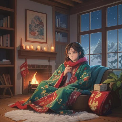 A serene winter scene during New Year’s, a person wrapped in a cozy blanket indoors, subtle spiritual symbols appearing in the air, a gentle snowfall outside, warm light illuminating the room, traditional New Year decorations, a hint of concern on the person's face, reflecting on spiritual signs, peaceful atmosphere, 4k