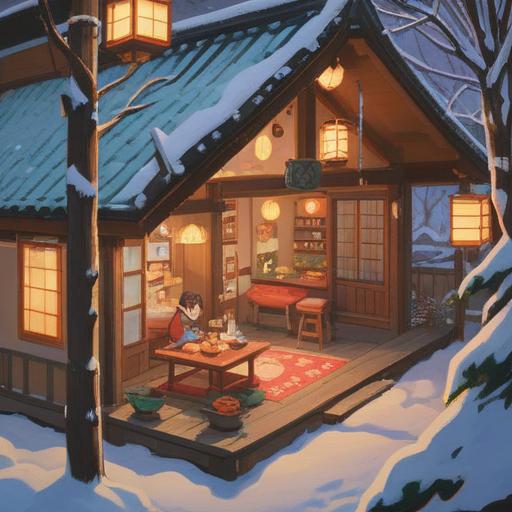 A serene winter scene depicting traditional Japanese New Year celebrations, a cozy home setting with warm lights, lucky charms like Osechi dishes and kadomatsu, people relaxing with tea, a sense of comfort and healing, gentle snow falling outside, cheerful atmosphere, 4k