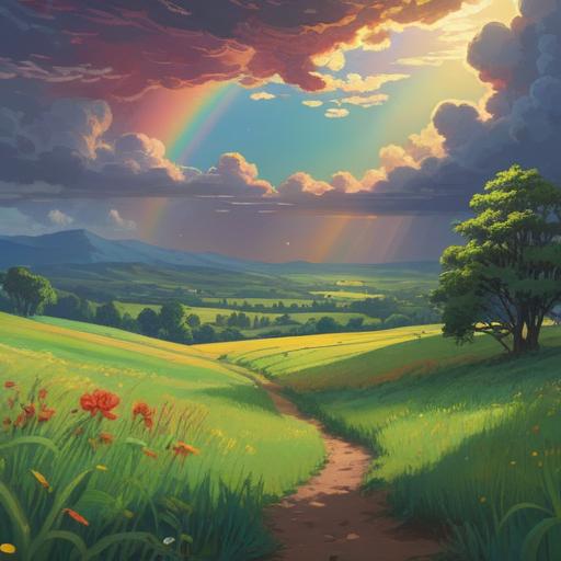A serene landscape featuring sunshine breaking through rain clouds, vibrant rainbow arcing in the sky, tranquil atmosphere, lush green fields glistening with raindrops, gentle reflections in puddles, soft light illuminating the scene, symbolic representation of spiritual rebirth, harmonious nature, 4k