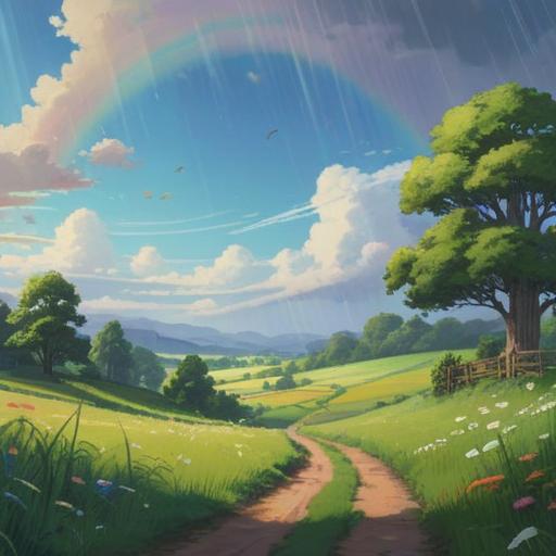 A serene landscape showing rain falling gently under a bright blue sky, vibrant rainbows arching overhead, lush green fields reflecting the sunlight, a person standing in awe, feeling a sense of peace and divine connection, ethereal light surrounding the scene, symbolizing spiritual blessings and positive signs, 4k