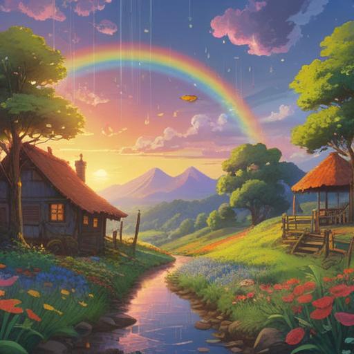 A whimsical scene depicting a sunny landscape with a gentle rain falling, vibrant rainbow in the sky, lucky charm items scattered around, such as four-leaf clovers and horseshoes, sunlight filtering through raindrops, cheerful colors, magical atmosphere, serene environment, 4k