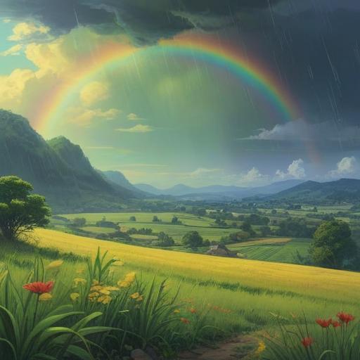 A vibrant scene depicting a bright rainbow emerging after a sunny rain shower, symbolizing good fortune, lush green fields below, a clear blue sky with fluffy clouds, cheerful flowers blooming, a serene atmosphere, children playing joyfully, warm sunlight illuminating the scene, capturing a sense of hope and happiness, 4k