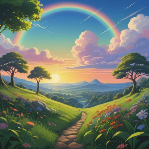 A serene landscape under a clear blue sky, vibrant rainbow arching across the horizon, symbolizing harmony and peace, lush green surroundings, gentle sunlight illuminating the scene, ethereal presence of gentle spirits, tranquil ambiance, uplifting energy, 4k
