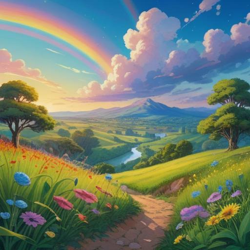 A serene landscape with a vibrant rainbow arching across a clear blue sky, lush green fields below, a sense of tranquility and spirituality, fluffy white clouds gently floating, sunlight illuminating the scene, people gazing in awe at the rainbow, symbols of hope and positivity in the atmosphere, 4k