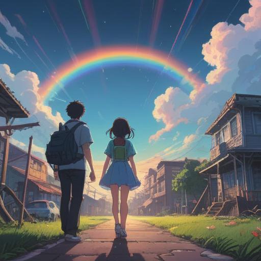 A vibrant scene depicting a clear blue sky with a sudden appearance of a rainbow, ethereal light radiating from the rainbow, people gazing in awe, symbolic elements like butterflies and flowers surrounding them, a serene atmosphere with hints of magic, spiritual energy flowing through the air, bright colors illuminating the landscape, capturing the moment of wonder, 4k