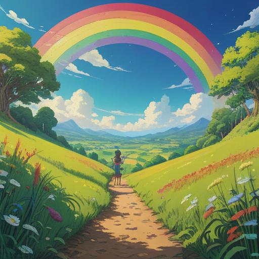 A bright and colorful scene depicting a vibrant rainbow arching across a clear blue sky, lush green fields below, a whimsical lucky charm nestled in the foreground, playful sunlight reflecting off the charm, cheerful flowers blossoming nearby, inviting and magical atmosphere, 4k