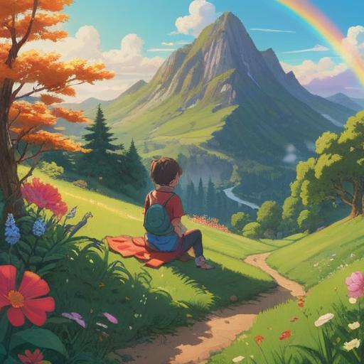 A serene outdoor scene after a vibrant rainbow, a person sitting peacefully on a grassy hill, practicing mindfulness, surrounded by blooming flowers, clear blue sky, gentle breeze, reflective expression, tranquility and renewal, 4k