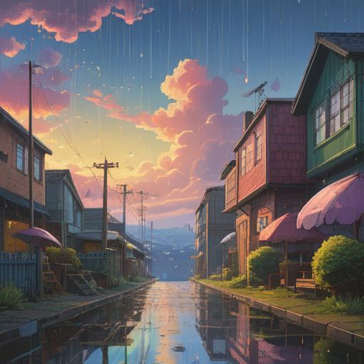 A surreal illustration of a sunny landscape with raindrops falling from a clear sky, vibrant colors, contrasting elements of sunshine and rain, mystical atmosphere, symbolic representation of spiritual awakening, calm and reflective mood, detailed clouds and raindrops, whimsical elements, 4k