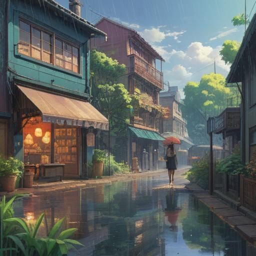 A vibrant scene depicting a sunny day with rain falling gently, bright sunlight illuminating the drops, a serene atmosphere, a rainbow appearing in the background, lush greenery reflecting the beauty of the moment, people smiling and embracing the unusual weather, spiritual symbols subtly integrated into the surroundings, 4k