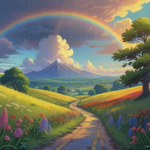 A vibrant scene of a sunny landscape after a rain shower, colorful rainbow arching across the sky, glistening drops on lush green grass, a collection of lucky items like a four-leaf clover, a horseshoe, and a lucky cat figurine scattered around, bright sunlight illuminating the scene, cheerful and hopeful atmosphere, detailed textures, whimsical composition