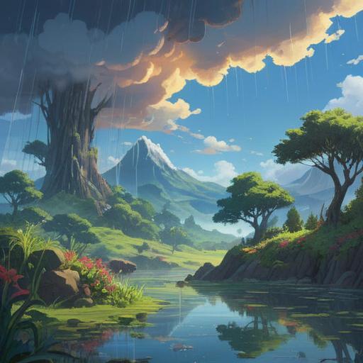 A serene landscape after rain, vibrant greenery glistening with droplets, a clear blue sky, rays of sunlight breaking through clouds, a peaceful pond reflecting the scenery, colorful flowers blooming, a gentle breeze rustling leaves, a person meditating by the water, tranquil and uplifting atmosphere, 4k