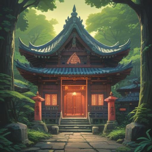 A serene and mystical temple scene, featuring the sacred Siritama Myoken Shrine surrounded by lush greenery, soft morning light filtering through the trees, a tranquil atmosphere, traditional Japanese architecture, spiritual symbols and offerings, devotees engaged in meditation, a sense of peace and connection to nature, 4k