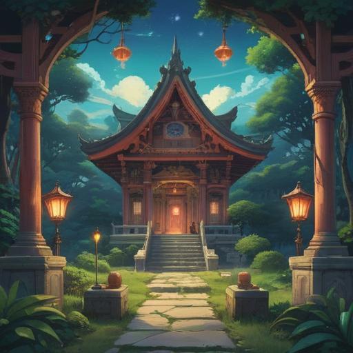 A serene and mystical landscape, ancient shrine nestled among lush greenery, vibrant celestial signs in the sky, ethereal glow surrounding the shrine, tranquil atmosphere, people meditating peacefully, sense of spiritual awakening, nature harmonizing with spirituality, 4k
