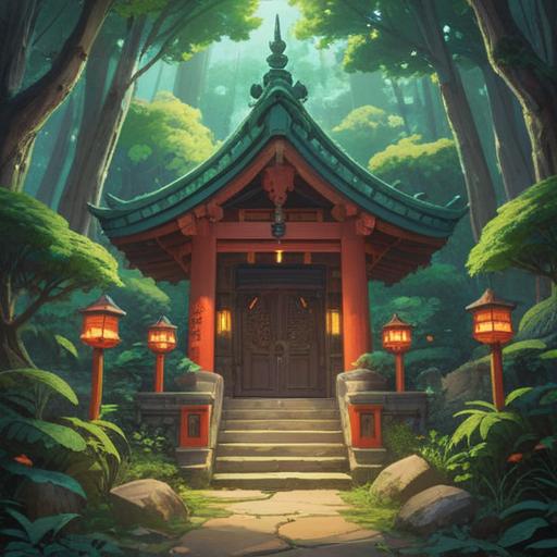 A serene landscape featuring the serene Starry Miko Shrine, lush greenery surrounding the shrine, soft sunlight filtering through the leaves, subtle spiritual symbols in the foreground, a peaceful pathway inviting visitors, gentle flowing water nearby reflecting the environment, a sense of tranquility and enlightenment, inviting atmosphere, nature connection, 4k