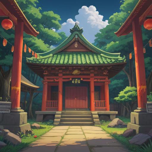 A serene illustration of Hoshida Myoken Shrine, featuring lucky charms and amulets, vibrant colors, tranquil atmosphere, lush green surroundings, worshippers seeking fortune, cherry blossom trees in bloom, intricate details of the shrine architecture, 4k