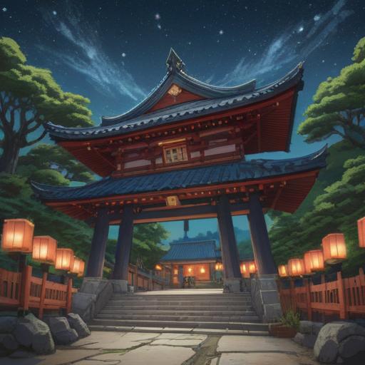 A serene and captivating illustration of the starry night sky over Hoshida Myoken Shrine, visitors admiring the enchanting landscape, traditional shrine architecture, soft lantern light illuminating the path, surrounded by lush greenery, peaceful atmosphere, sense of spirituality and tranquility, 4k