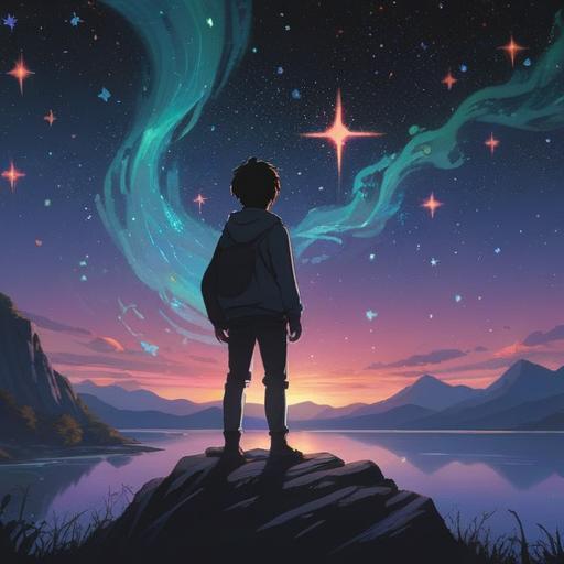 A serene night sky filled with twinkling stars, a silhouette of a person gazing upward, ethereal glow surrounding the stars, symbolic representations of dreams and aspirations, cosmic energy flowing, a sense of tranquility and hope, vibrant colors blending harmoniously, 4k