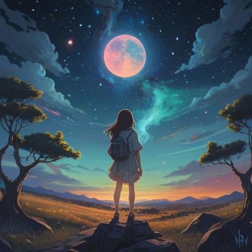 A serene night sky filled with twinkling stars, a figure gazing upwards in wonder, ethereal glow surrounding the stars, symbolic representations of dreams and spirituality, gentle cosmic energies flowing, a sense of peace and enlightenment, harmonious colors blending together, enchanting landscape, 4k