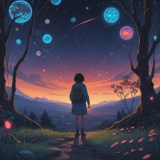 A mystical nighttime scene, a starry sky filled with twinkling constellations, ethereal glowing orbs representing spiritual signs, a serene figure gazing upward, tranquil landscape with gentle hills, soft light illuminating the surroundings, a sense of wonder and introspection, rich color palette, dreamlike atmosphere, 4k
