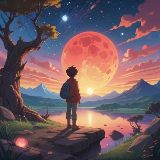 A serene landscape depicting a person waking up with a glowing lucky stone beside them, dreamy starry sky lingering in the background, soft beams of light illuminating the scene, mystical atmosphere, subtle celestial patterns, warm and inviting colors, feeling of hope and wonder, 4k